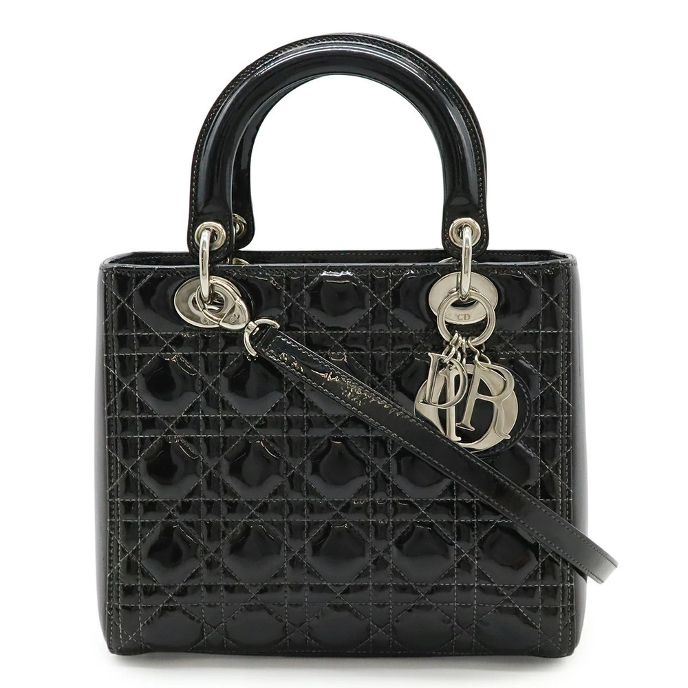 Christian Dior Lady Cannage 2way Shoulder Bag Enamel Black